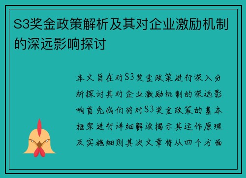 S3奖金政策解析及其对企业激励机制的深远影响探讨